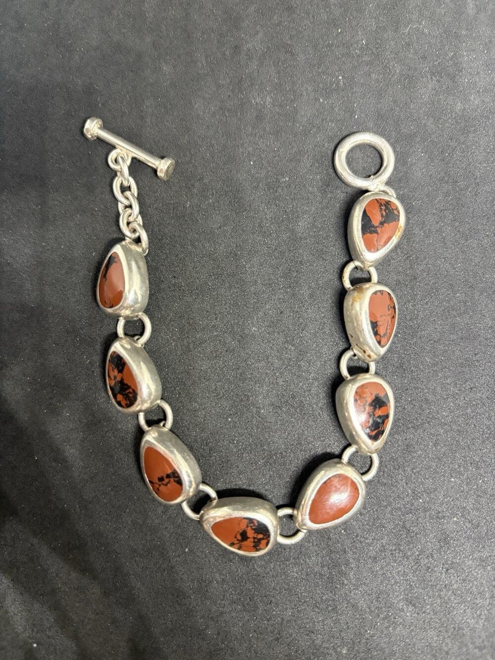 Vintage Taxco Mexico Sterling Silver inlaid Jasper Toggle Bracelet Estate 35g